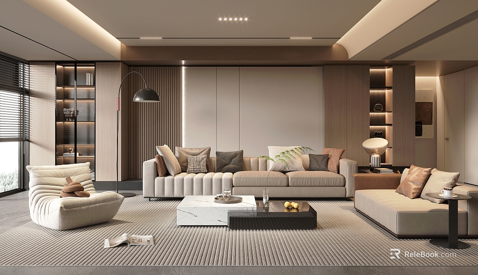 Modern Elegant Living Room Interior With Beige Sofa Coffee Table And Area Rug 3d model 