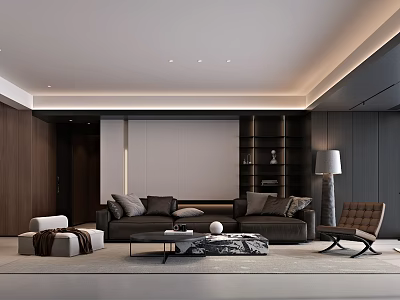 Modern Living Dining Room Interior With Dark Sofa Coffee Table And Wooden TV Wall 3d model