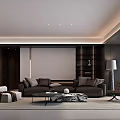 Modern Living Dining Room Interior With Dark Sofa Coffee Table And Wooden TV Wall