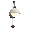 Modern Dome Shaped Wall Lamp With White Marble Lampshade Black Metal Stand And Wooden Balls