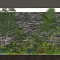 Indoor Landscape with Stone Wall Lush Palm Tree and Various Green Plants on Wooden Floor
