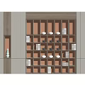 Elegant Modern Wooden Shelving Unit With Open Compartments Displaying Books And Tea Sets