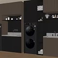 Modern Laundry Room Interior Design With Black Washing Machines And Wooden Cabinets