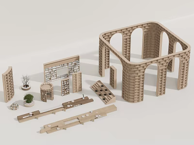 Wooden Bookcase Components With Different Shapes Shelves Arch Shaped Structure And Decorative Potted Plant 3d model
