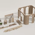Wooden Bookcase Components With Different Shapes Shelves Arch Shaped Structure And Decorative Potted Plant