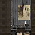 Elegant Tea Room Interior Design With Wooden Lattice Ink Painting Pendant Lights And Green Plant