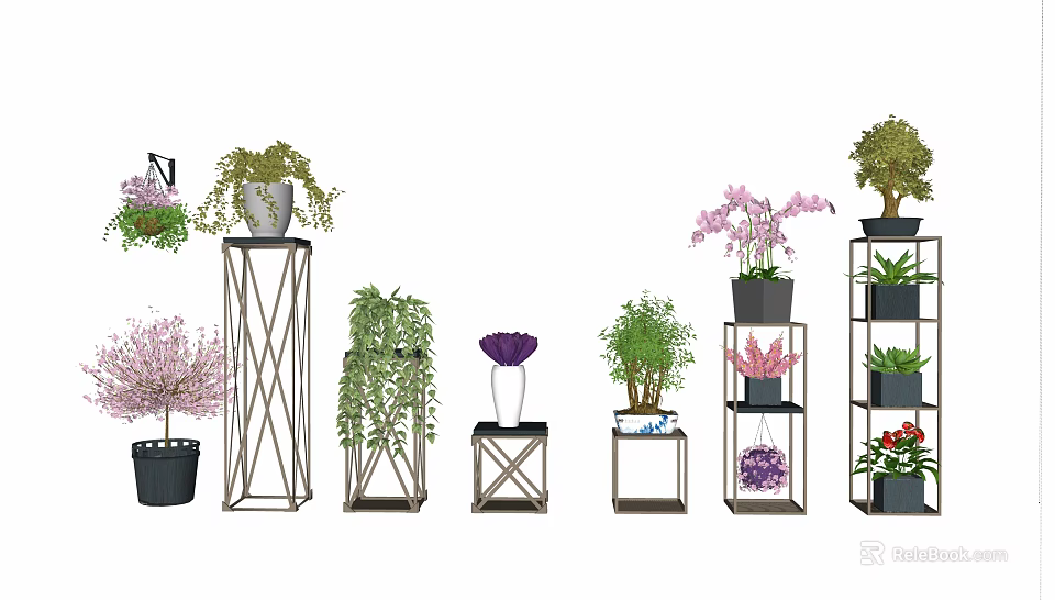 Diverse Bonsai Potted Plants With Metal Stands And Colorful Flowers For Indoor Decor 3d model 