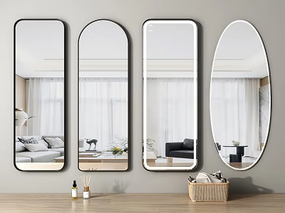 Different Shaped Wall Mirrors Enhancing Modern Interior With Wooden Table And Decor Items 3d model