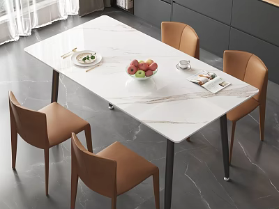 Modern Dining Table Set With White Marble Top Brown Chairs Fruit Bowl Magazine And Cup 3d model