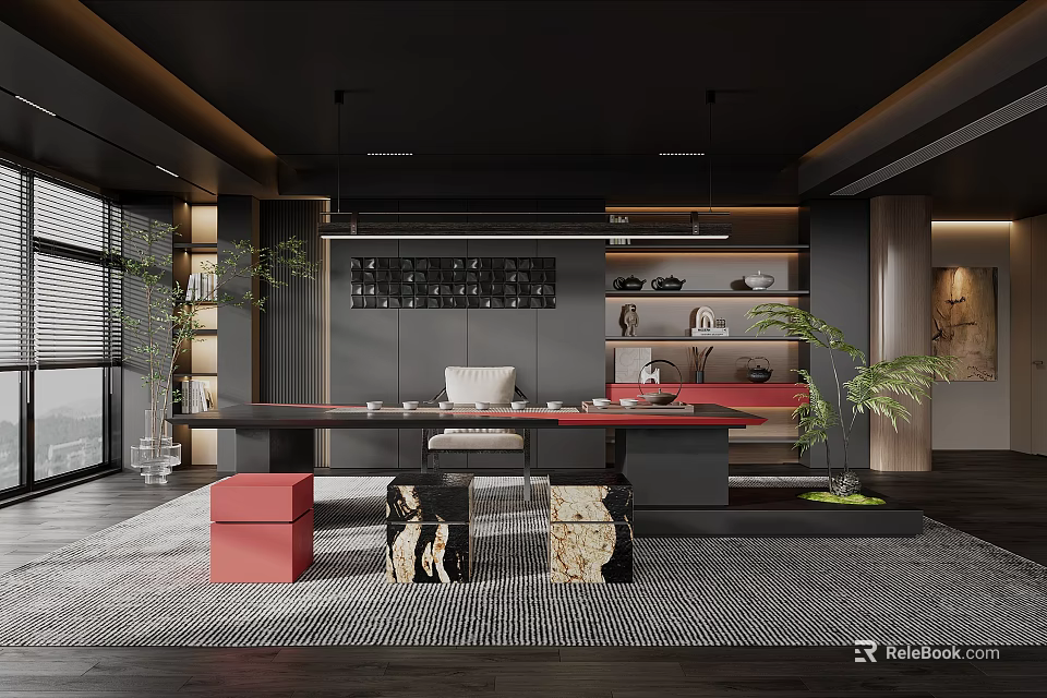 Modern Tea Room Interior With Long Table Seats And Plants 3d model 