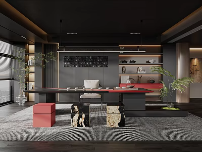 Modern Tea Room Interior With Long Table Seats And Plants 3d model