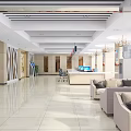 Modern Service Hall Interior With Reception Counter Computers Chairs And Posters 3d model