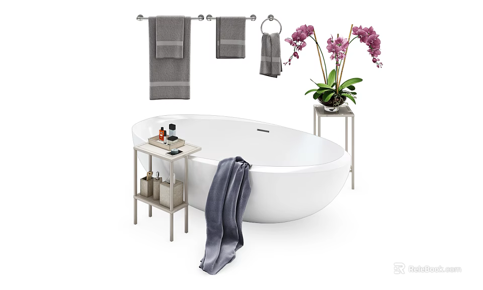 Luxurious White Bathtub With Side Table Bath Products Hanging Gray Towels And Purple Orchids 3d model 