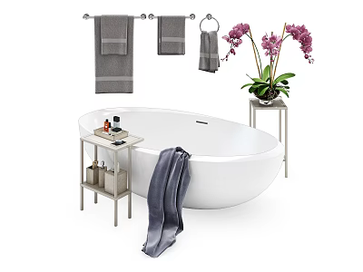 Luxurious White Bathtub With Side Table Bath Products Hanging Gray Towels And Purple Orchids 3d model