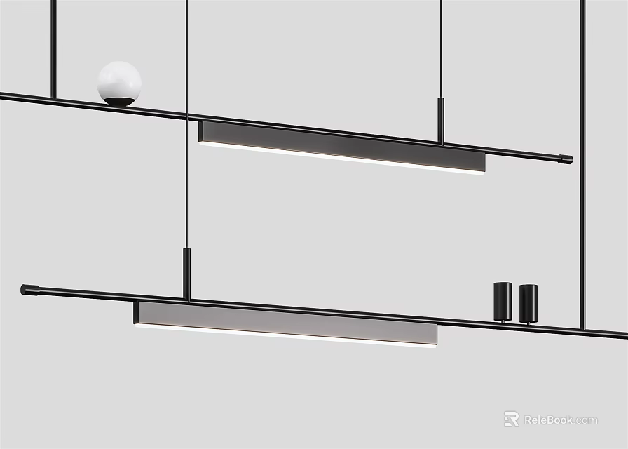 Modern Linear Pendant Light With Black Metal Frame And White Ball Decoration Design 3d model 