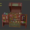 Open Vintage Wooden Chest With Green Accents Multiple Compartments And Small Bottles