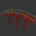 Traditional Red Arch Bridge Structure With Wooden Railings And Supporting Pillars