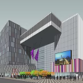 Modern Architectural Open Plaza With People Walking Trees Flowers And Glass Buildings