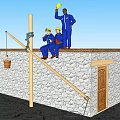 Construction Workers Working Together On Stone House Roof With Lever And Bucket In Desert Landscape