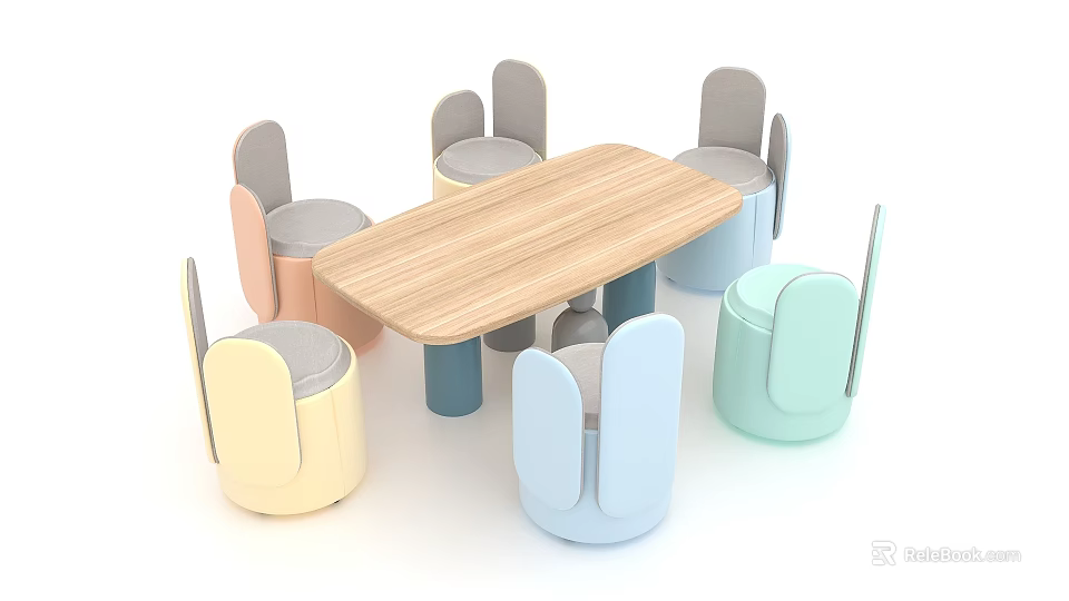 Modern Exhibition Tables and Chairs with Wooden Tabletop and Pastel Colored Seats 3d model 