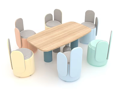 Modern Exhibition Tables and Chairs with Wooden Tabletop and Pastel Colored Seats 3d model