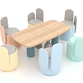 Modern Exhibition Tables and Chairs with Wooden Tabletop and Pastel Colored Seats