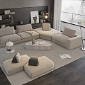 Modern Beige L-shaped Sofa with Ottoman and Marble Coffee Table Set in Living Room