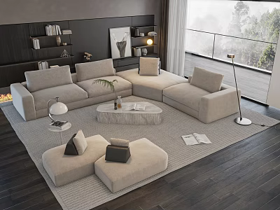 Modern Beige L-shaped Sofa with Ottoman and Marble Coffee Table Set in Living Room 3d model