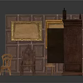 Architectural Interior With Dark Wooden Paneling Golden Framed Paintings Carved Armoire And Wooden Chairs