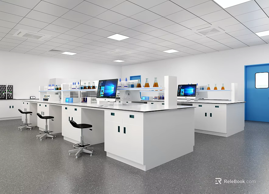 Modern Laboratory Interior Design With White Lab Benches Computers Reagent Bottles And Chairs 3d model 