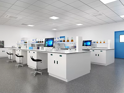 Modern Laboratory Interior Design With White Lab Benches Computers Reagent Bottles And Chairs 3d model