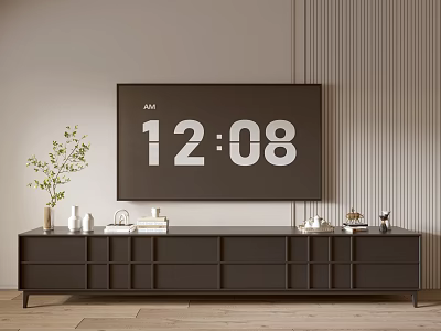 Modern Dark TV Stand In Living Room With Large Screen TV And Decorative Items 3d model
