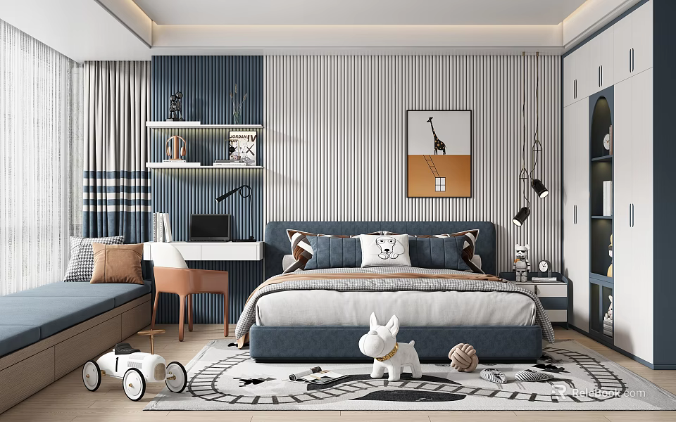 Kids Room Interior Design With Bed Pillows Desk Bookshelf Giraffe Wall Art Rug And Toys 3d model 