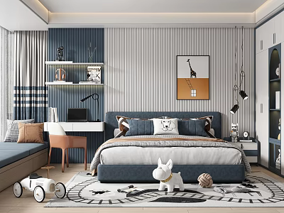 Kids Room Interior Design With Bed Pillows Desk Bookshelf Giraffe Wall Art Rug And Toys 3d model