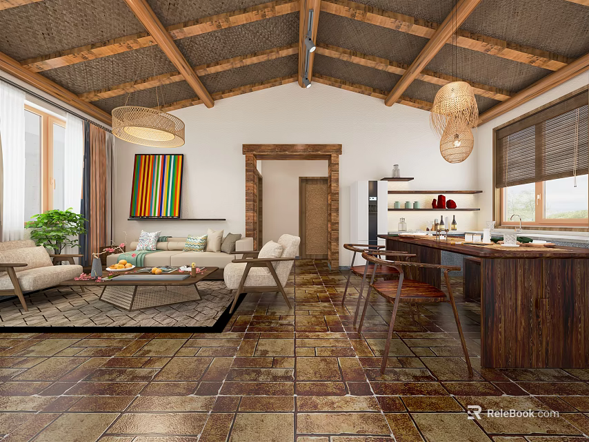 Hotel Guest Room With Wooden Ceiling Pendant Lights Sofa Colorful Painting And Wooden Floor Tiles 3d model 
