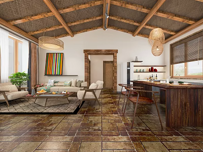 Hotel Guest Room With Wooden Ceiling Pendant Lights Sofa Colorful Painting And Wooden Floor Tiles 3d model