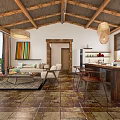 Hotel Guest Room With Wooden Ceiling Pendant Lights Sofa Colorful Painting And Wooden Floor Tiles