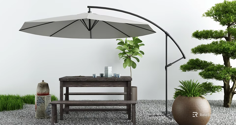 Modern Outdoor Patio Umbrella With Wooden Table Bench Green Plants And Gravel Ground 3d model 