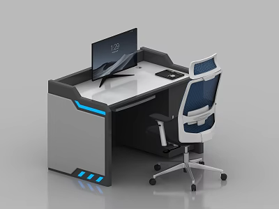 Modern Office Desk Setup with Monitor Ergonomic Chair and Blue LED Lighting 3d model