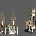 European Architecture 3D Model Featuring Tower Arches Decorative Spires And Green Gemstones