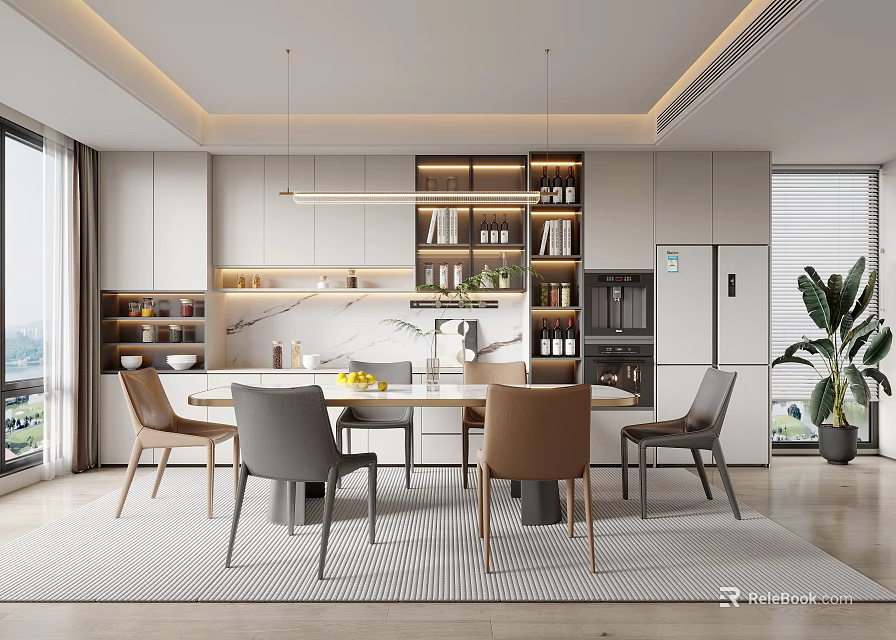 Modern Restaurant Interior Design With Open Layout Dining Table Chairs Pendant Lights And Cabinets 3d model