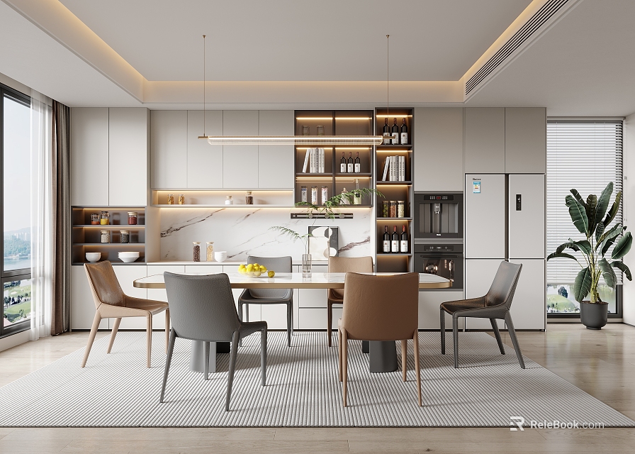 Modern Restaurant Interior Design With Open Layout Dining Table Chairs Pendant Lights And Cabinets 3d model 