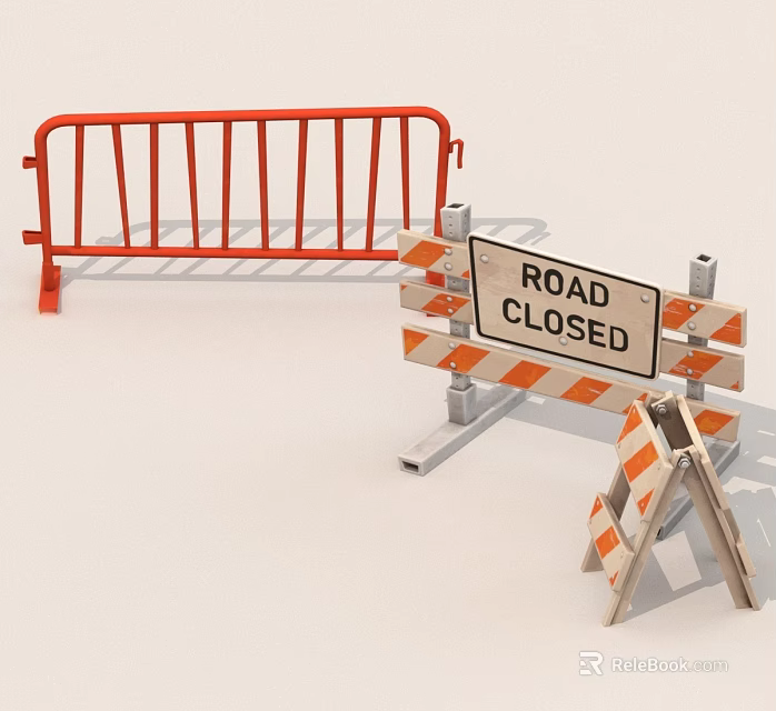 Road Closed Traffic Barricade With Orange Barrier And Construction Cones 3d model 