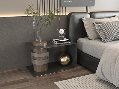 Modern Bedside Table With Vase Plant Books And Gold Ball Next To Black Headboard Bed 3d model