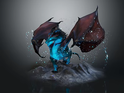 Fantasy 3D Dragon Model With Blue Body Red Wings On Rock And Water Splashes 3d model