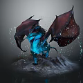 Fantasy 3D Dragon Model With Blue Body Red Wings On Rock And Water Splashes