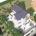 White Three Story Detached Villa With Dark Roof Tiles Gate Fence And Green Trees