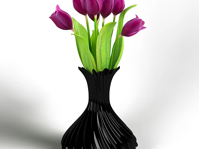 Artistic Hand Carved Black Vase With Purple Tulips And Green Leaves 3d model