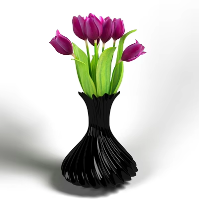 Artistic Hand Carved Black Vase With Purple Tulips And Green Leaves 3d model