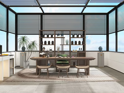 Modern Indoor Leisure Space With Large Windows Shelves And Plants 3d model
